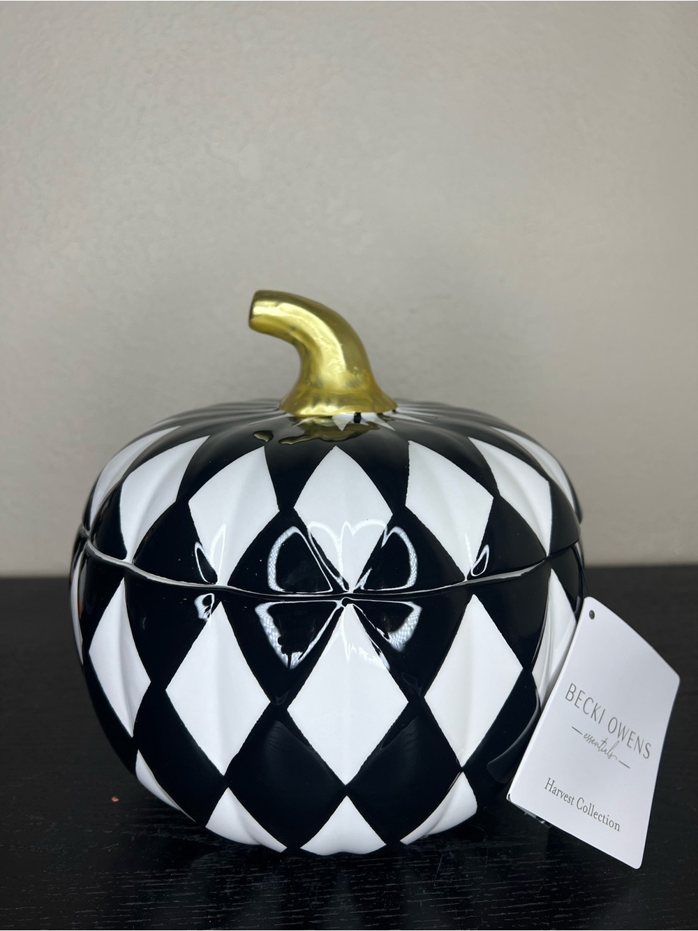 NEW Becki Owens Harvest Collection Black White Harlequin Pumpkin Ceramic Decor